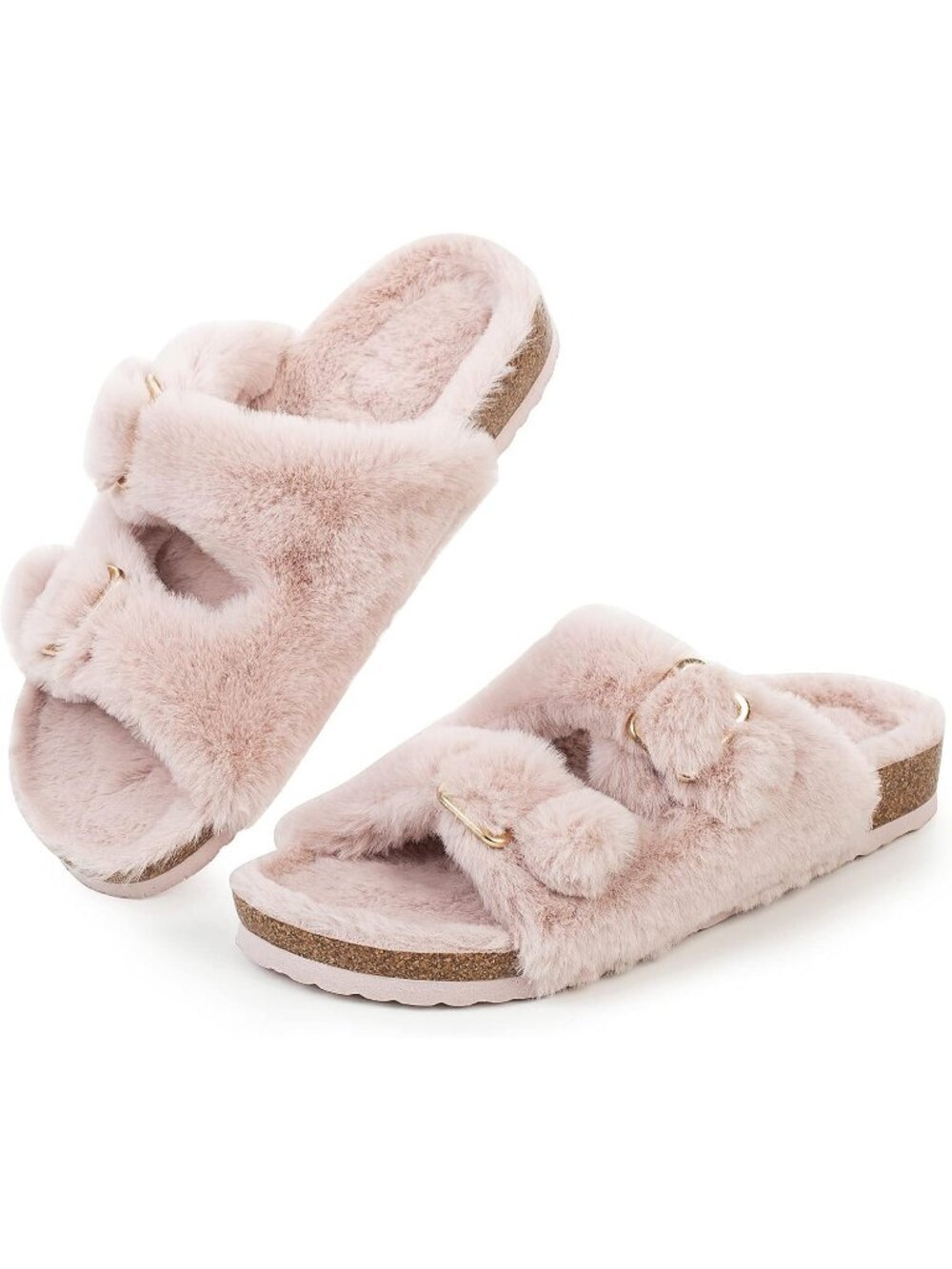 Women's Pink Lightweight Open Toe Comfy Faux Rabbit Fur Elastic Straps Slippers